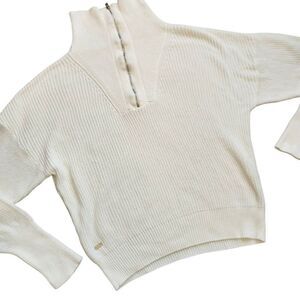 Anthropologie Lune Active Sweater Small Oversized Half Zip Ribbed Ivory Gold